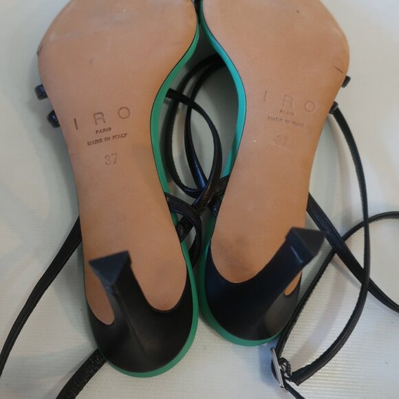 NWOB Womens Iro Black Green Open Pointy Toe Strap Sandal Leather Heels 37 US/6.5 - Picture 11 of 14